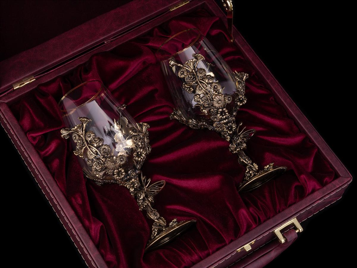Бокалы для вина Флора 2 шт в подарочной коробке (Латунь, стекло)