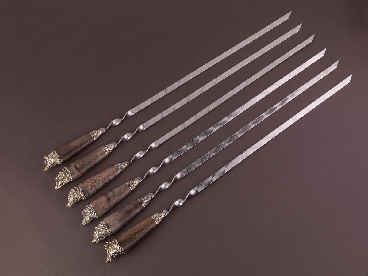 Набор шампуров в чехле с ножом и вилкой Звери большие (Стаб. карельская береза, мельхиор)