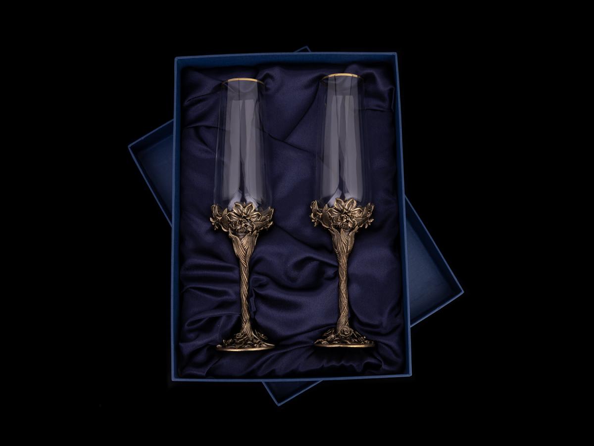Бокалы для шампанского Нарцисс 2 шт в подарочной коробке (Латунь, стекло)