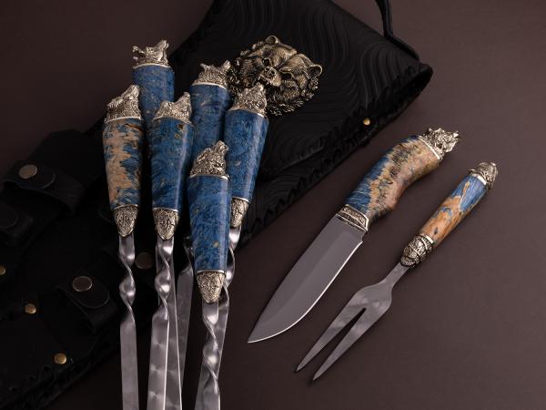 Эксклюзивный набор шампуров Звери Большие в чехле с ножом и вилкой (Стабилизированный Синий кап клёна, мельхиор)