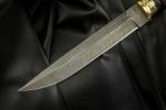 Нож Пластунский (дамаск, черный граб, литье латунь, резная рукоять, деревянные ножны)