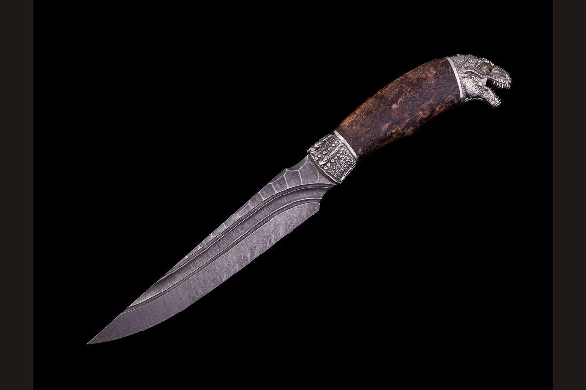 Нож Каратель (дамаск, долы - камень, стабилизированная карельская берёза, литьё мельхиор - Рекс)