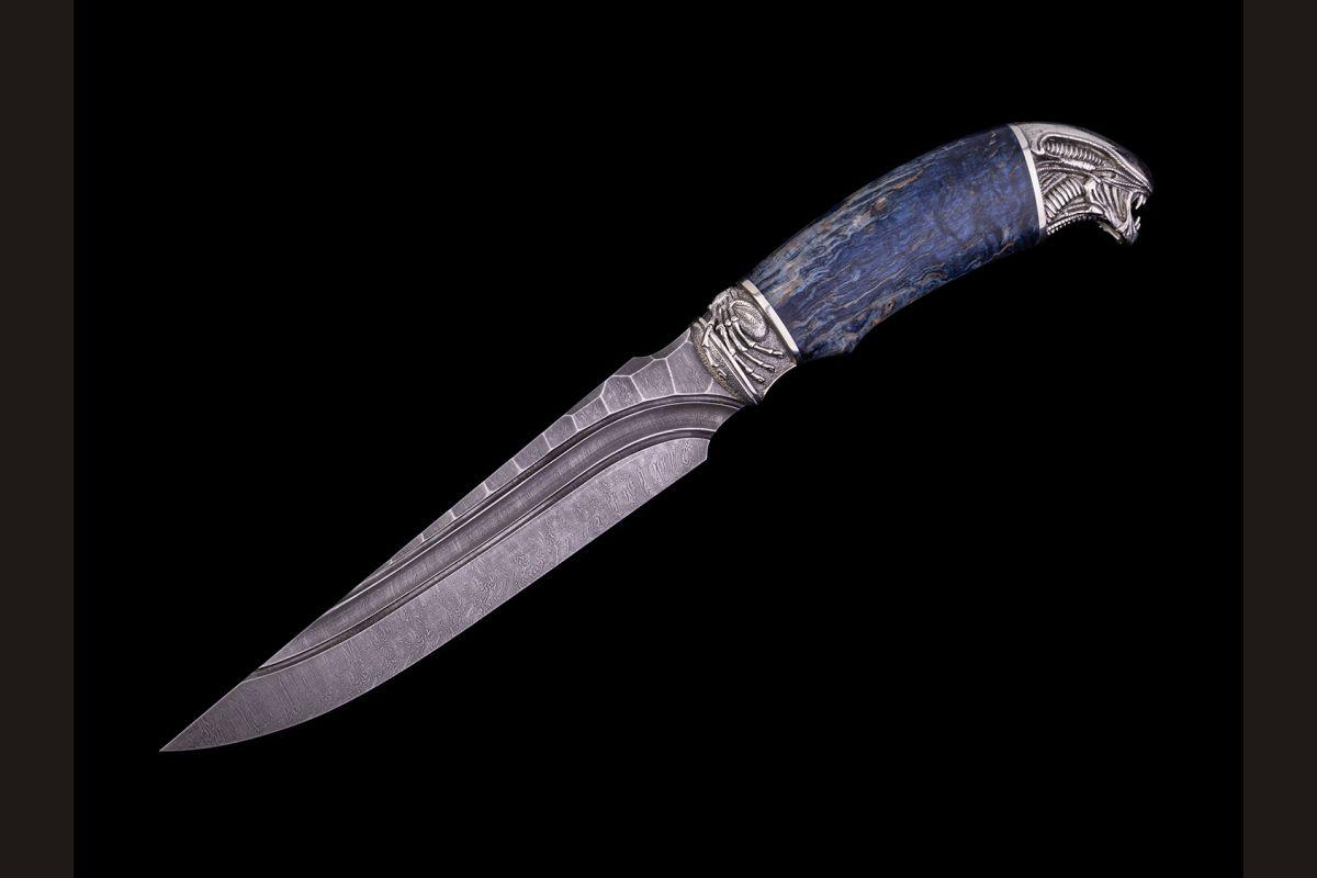 Нож Каратель (дамаск, долы - камень, стабилизированная карельская берёза, литьё мельхиор - Чужой)