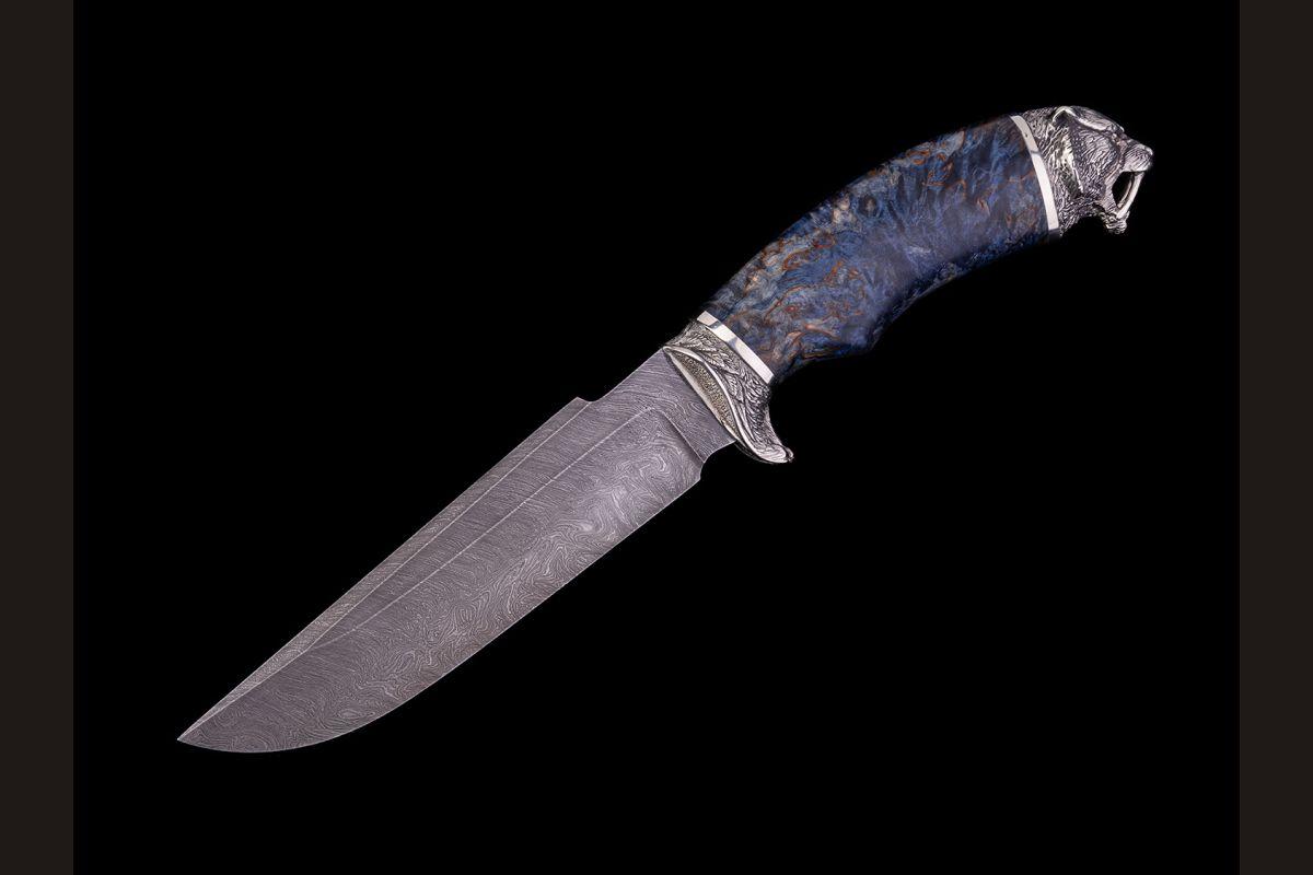 Нож Лиман (дамаск, стабилизированная карельская берёза, литьё мельхиор)