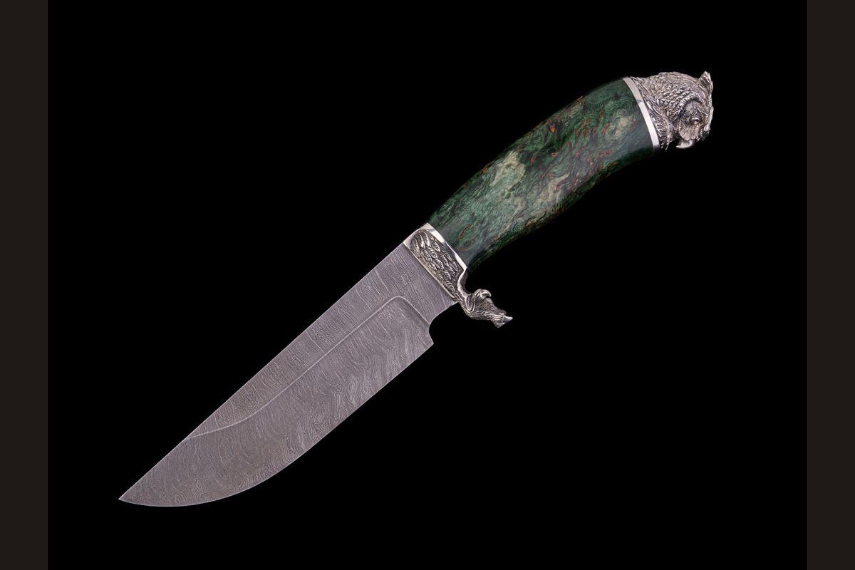 Нож Сахалин (дамаск, стабилизированная карельская берёза, литьё мельхиор)