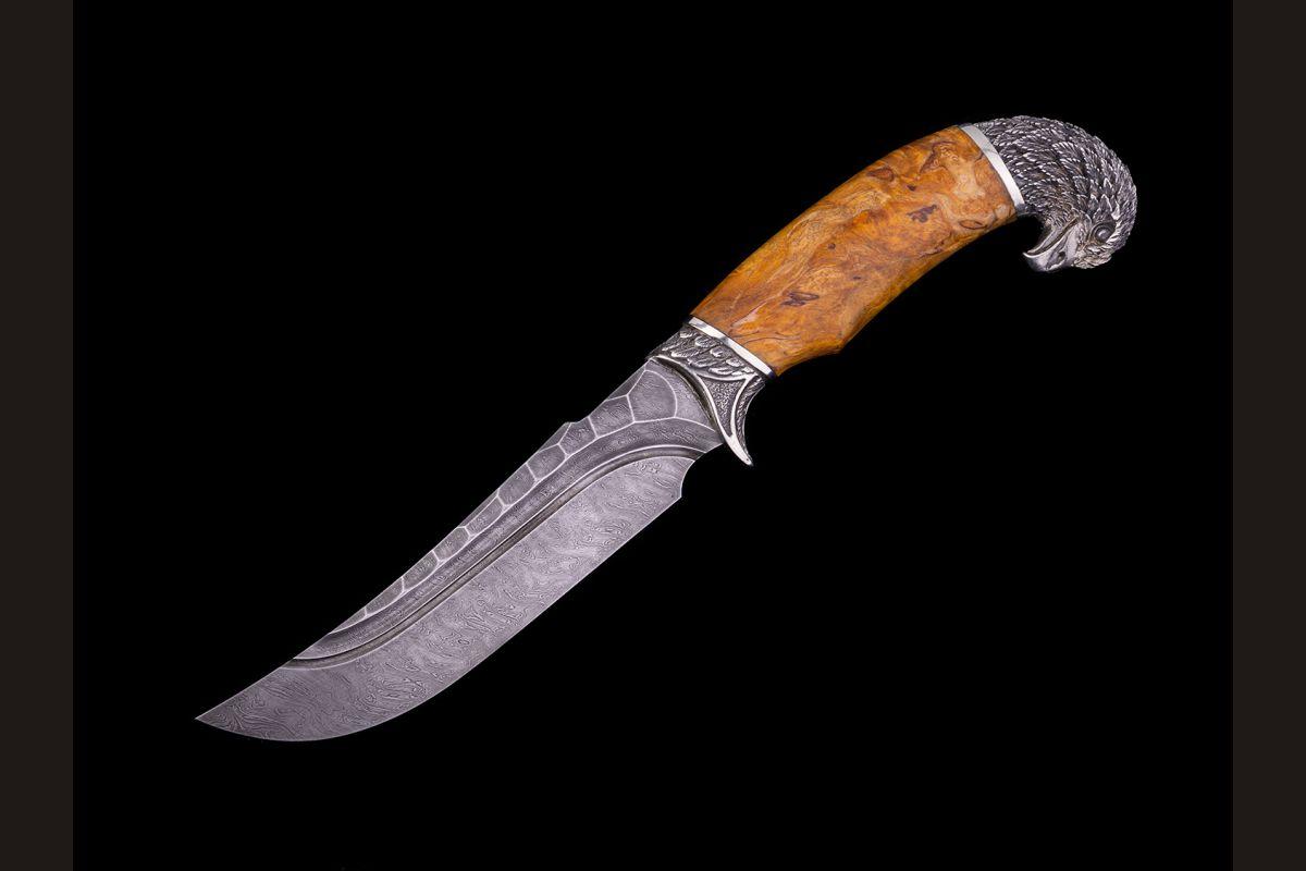 Нож Парнас (дамаск, долы - камень, стабилизированная карельская берёза, литьё мельхиор 1)