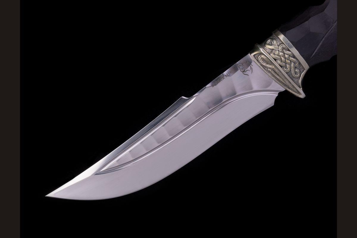 Нож Кайман (M390, долы - камень, чёрный граб, литьё мельхиор)