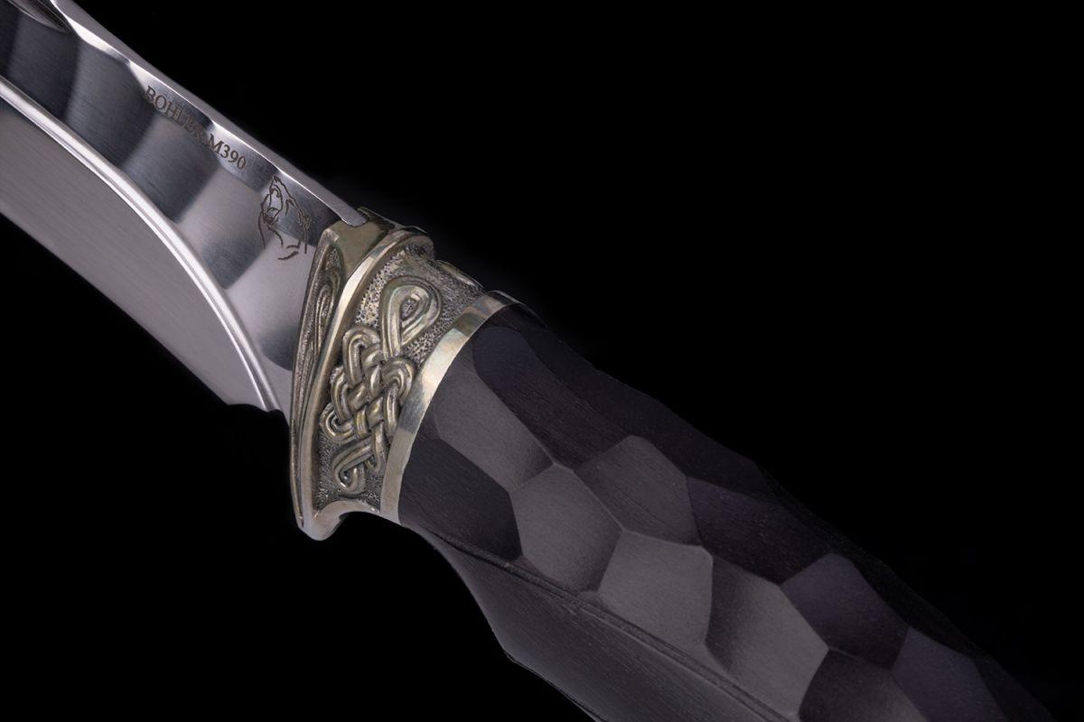 Нож Кайман (M390, долы - камень, чёрный граб, литьё мельхиор)