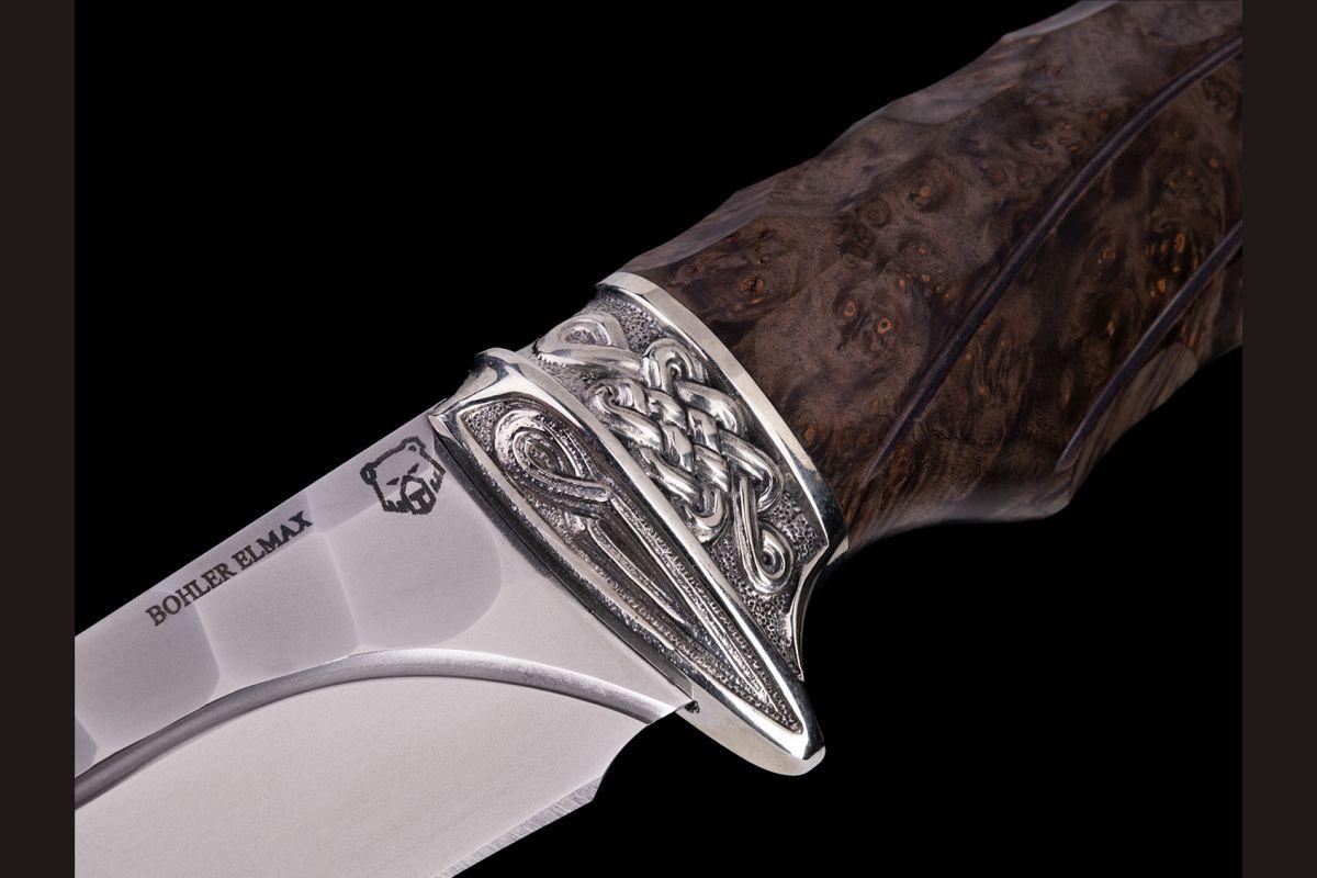 Нож Кайман (Elmax, долы - камень, стабилизированная карельская береза, литьё мельхиор)