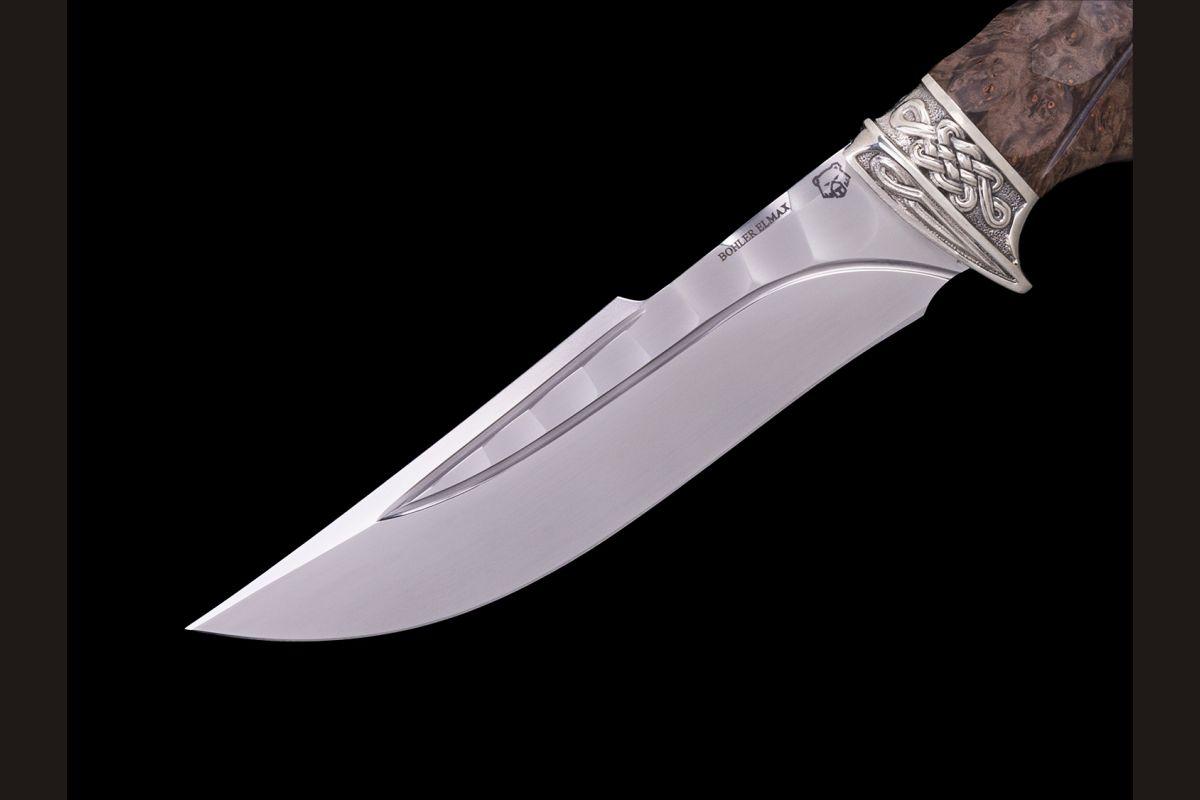 Нож Кайман (Elmax, долы - камень, стабилизированная карельская береза, литьё мельхиор)