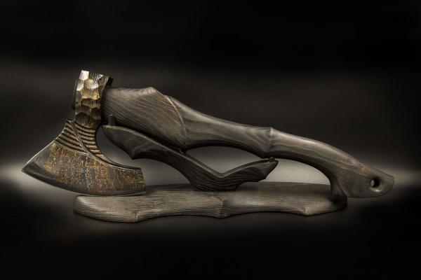 Авторский топор Викинг №2 (Мозаичный дамаск с никелем, ясень, ручная резьба)