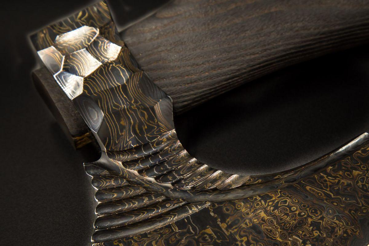 Авторский топор Викинг №2 (Мозаичный дамаск с никелем, ясень, ручная резьба)