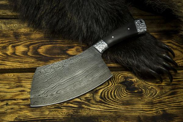 Тяпка № 1 (дамасская сталь 1200 слоёв, чёрный граб, цельнометаллическая, резная рукоять)