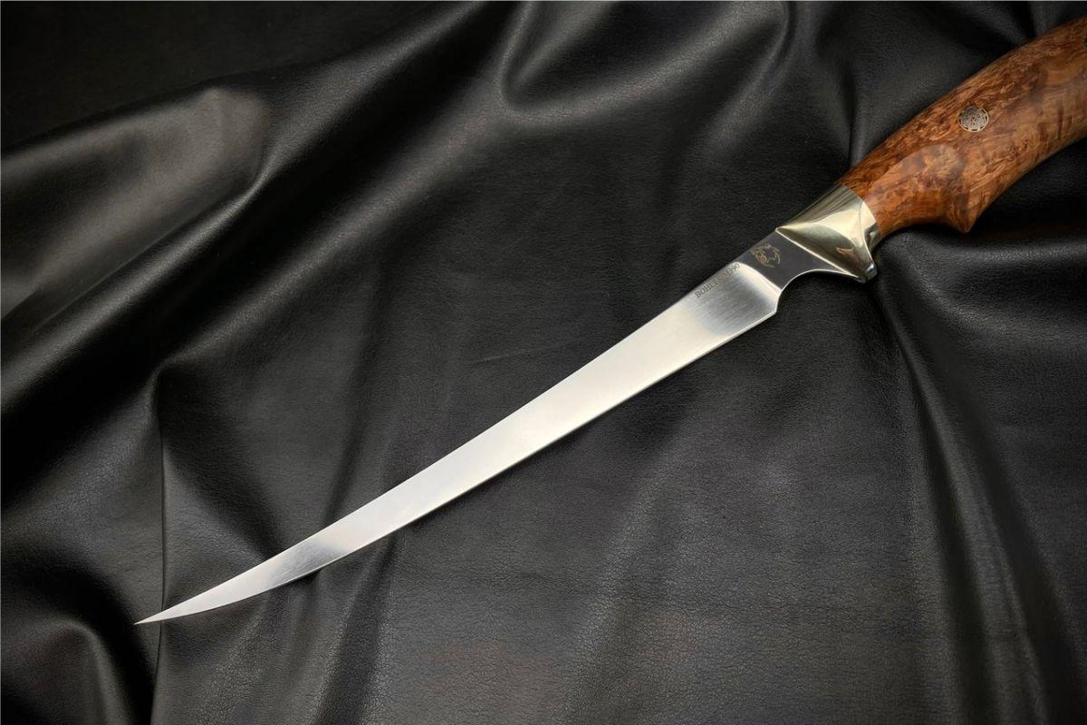 Нож Филейный (M390, стабилизированная карельская берёза, мельхиор)