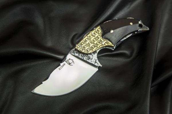 Нож Альхон (х12мф, черный граб, больстер медь, резной клинок)