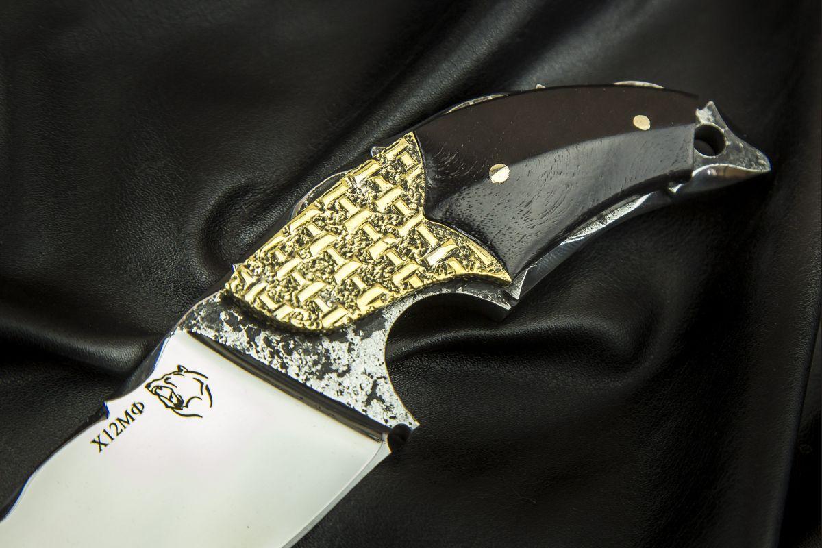 Нож Альхон (х12мф, черный граб, больстер медь, резной клинок)