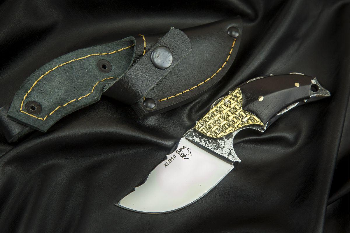 Нож Альхон (х12мф, черный граб, больстер медь, резной клинок)