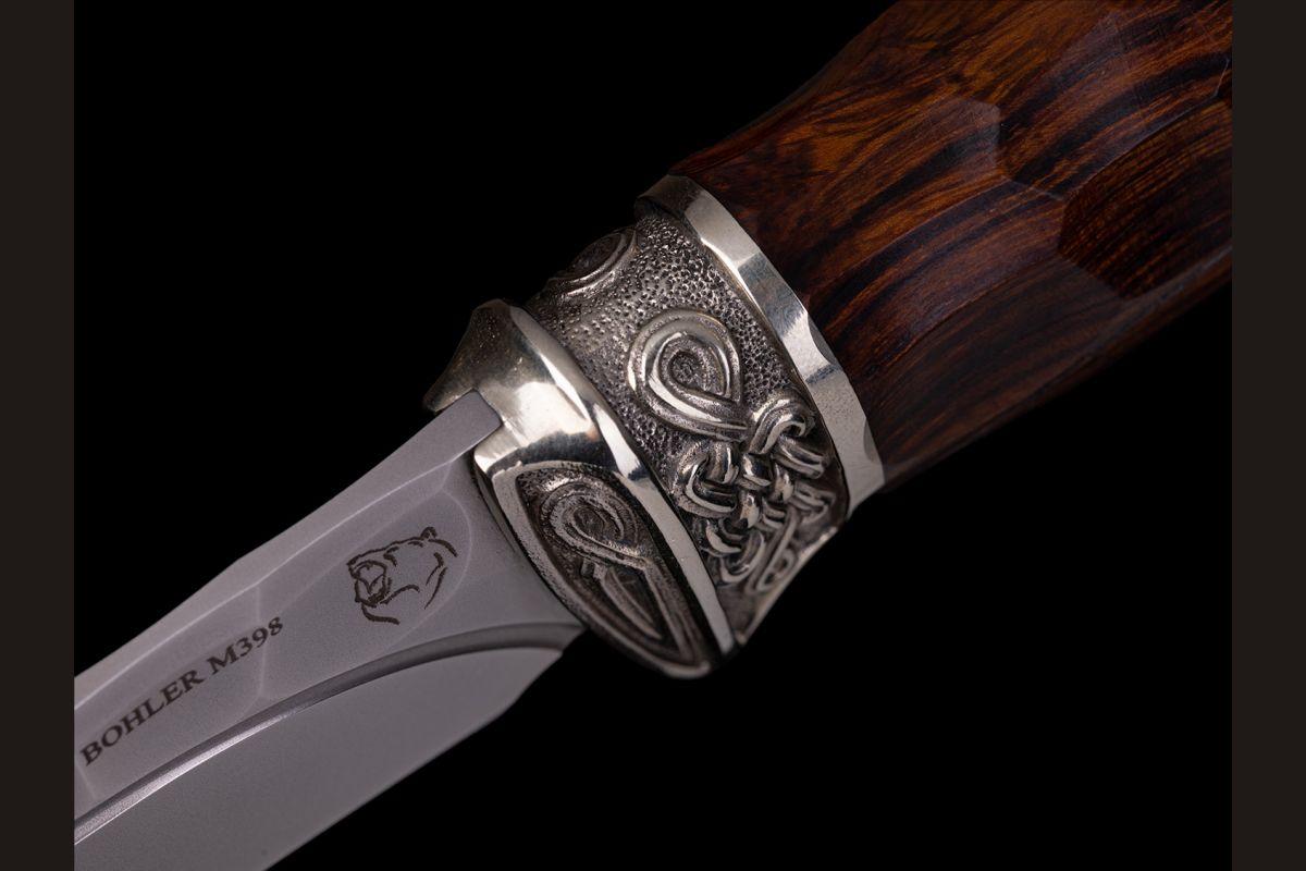 Нож Кайман (M398, камень, айронвуд, литьё мельхиор)