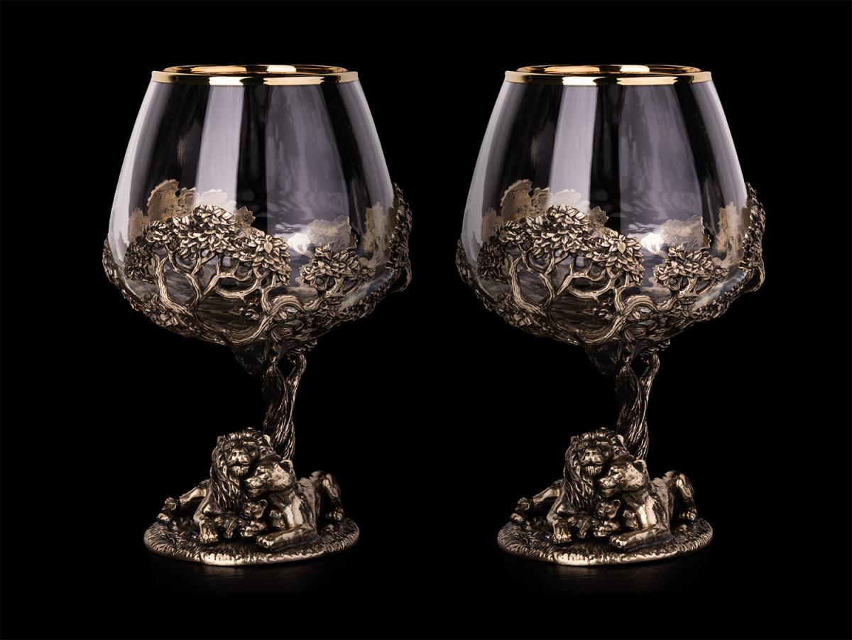 Пара бокалов для коньяка Лев и Львица (Латунь, стекло)